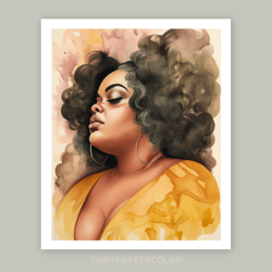 gorgeous big black woman portrait, watercolor art, printable art, african woman art, body positive, neutral earth tones.