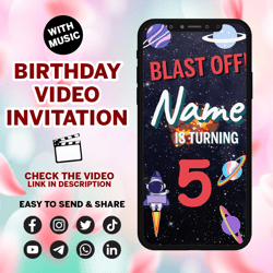 space astronaut birthday video party invitation, personalized birthday outer space, rocket and planets digital