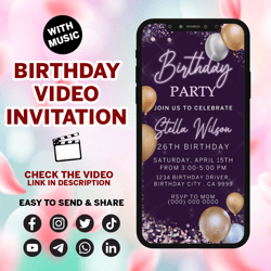purple birthday party invitation, animated birthday party invite, editable electronic bday dinner, video pink glitter
