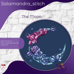 crescent moon, flowers, cross stitch, magnolia, salamandra stitch