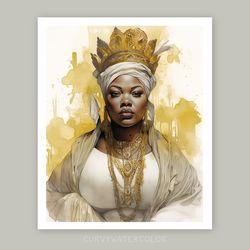 golden queen, black curvy woman art, watercolor art, printable, curvy black woman, thick and fabulous, plus size beauty