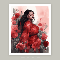 beautiful black curvy woman with roses, watercolor art, printable art, african woman art, red wall art, black woman art