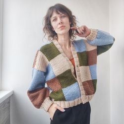 patchwork cardigan, oversized cardigan, chunky knit cardigan, bulky knit sweater, handmade cardigan