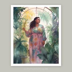 beautiful black curvy woman in the greenhouse, watercolor art, tropical, printable, african woman art, black woman art