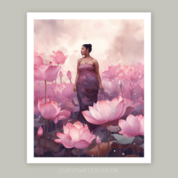 beautiful black curvy woman with lotuses, watercolor art, pink wall art, printable, african woman art, black woman art