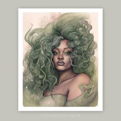 beautiful black mermaid, watercolor art, printable, black girl with green hair, sage green wall art, african woman art.