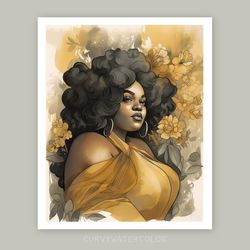 plus size black woman portrait, watercolor art, beautiful african woman art, printable art, neutral earth tones.