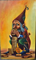 magic gnome with money, oil painting amulet for interior. humorous painting.