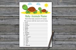 cute turtle baby animals name game card,turtle baby shower games printable,fun baby shower activity,instant download-333