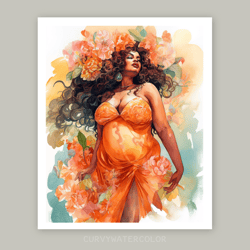 black woman with orange flowers, watercolor art, curvy african woman art, printable art, digital, plus size woman art.