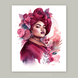 plus size black woman with magenta flowers, watercolor art, beautiful curvy african woman art, printable art.