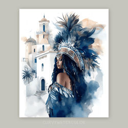 beautiful black woman in feathered headdress, watercolor art, blue wall art, printable art, african girl art, digital