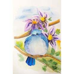 bluebird painting bird artwork original watercolor blue bird wall art small bird portrait floral author's handmade art