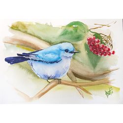 bluebird painting bird artwork original watercolor blue bird wall art small bird portrait berries author's handmade art