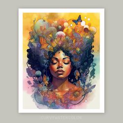 surrealist watercolor art, beautiful black woman, african woman art, printable art, melanin art, digital poster.