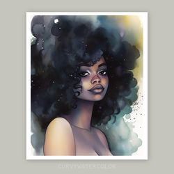 watercolor art with gorgeous black woman with stars in her hair, printable art, african woman art, melanin art