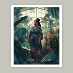 beautiful black curvy woman in the greenhouse, green watercolor art, printable, african woman art, black woman art