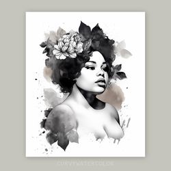 plus size black woman art, black & white watercolor art, printable, african woman art, melanin art, curvy woman art.