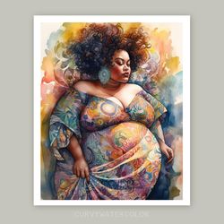 big beautiful black woman art, watercolor art, curvy african woman art, printable art, digital, plus size woman art.