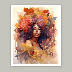 beautiful black woman art, watercolor art, black woman in flower crown, printable art, african girl art, digital