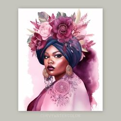 plus size black woman in magenta, watercolor art, beautiful curvy african woman art, printable art, plus size art.