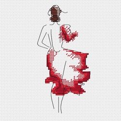 lady in red cross stitch pattern minimal embroidery chart girl in red dress counted cross stitch pattern sketch stitch