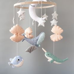 whale baby mobile for nursery, ocean mobile, baby crib mobile, under the sea mobile, baby shower gift