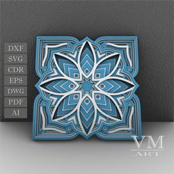 m15 - layered mandala svg file, 3d flower mandala, laser cut file mandala dxf file, layered mandala svg for cricut