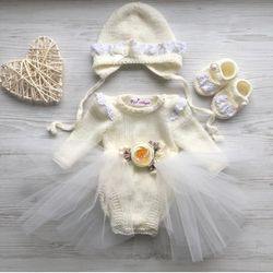 hand knit clothing set: romper, tutu skirt, hat, shoes. baptism outfit. first birthday outfit. take home gown.