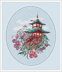 japan cross stitch pattern flower cross stitch pattern pagoda cross stitch pattern china cross stitch pattern home decor