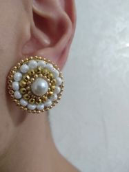 round clip-on earrings with white pearls and gold beads beadwork. gold disk earring. seed beaded jewelry. gift for mom.