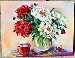 flowers and a jar of cherry jam. original painting in large strokes with a palette knife.