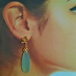 bridal aqua chalcedony long gold dangling crystals earrings .wedding gemstone blue green drops jewelry. gift for woman/