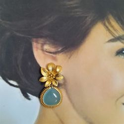 gold flower and aqua chalcedony dangling earrings. natural gemstone light green color drop cute jewelry. gift for woman.