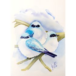 bluebirds painting birds artwork original watercolor blue bird wall art small bird portrait family author's handmade art