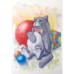 toy cat painting kitten artwork original watercolor nursery wall art small toys still life cat author's handmade art