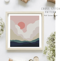 sunrise cross stitch pattern, landscape cross stitch pattern, easy embroidery, instant download, digital pdf