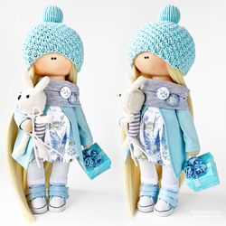 handmade doll textile doll light blue doll light blue decor 28 cm doll rag doll interior doll gift doll gift for mom