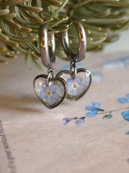 pressed flower huggie drop earrings, dry forget-me-not flower earrings, silver stainless steel heart earrings