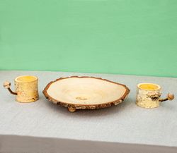 set - one wooden bowl and two paper cup holders, wood paper cup holder with handle, birch wood bowl