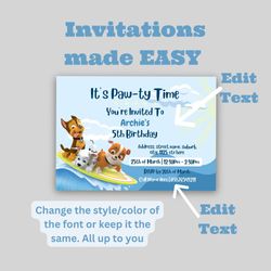 paw patrol birthday invitation, party invite, chase party favors, rubble, cartoon party invite, canva template, digital