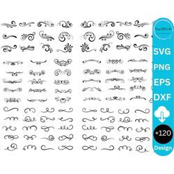 decorative svg design elements bundle, ornaments, flourish swirls, scrolls, text divider, border, frame, svg files for c