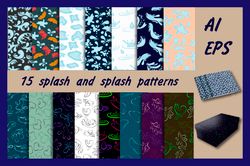 the set includes 15 drops and splatter patterns in flat style and outline style.