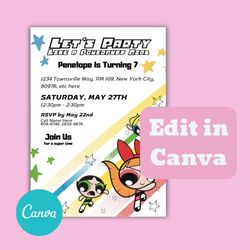 powerpuff girls birthday invitation, bubbles, blossom, buttercup, editable powerpuff girls party invite, superhero