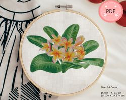 plumeria cross stitch pattern,instant download,floral x stitch chart,torpical flower and leaves,watercolor  frangipani