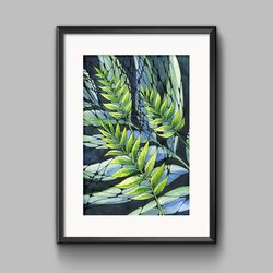 watercolor poster with abstract leaves , watercolor digital file, printable, blue-green painting, art print, graphics