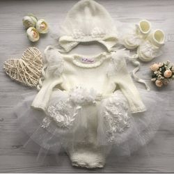hand knit ivory romper, tutu skirt, hat, shoes for baby girl. baptism outfit. christening gown. first birthday dress.