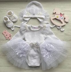 hand knit white clothing set for baby girl: romper, tutu skirt, hat, shoes. baptism outfit. christening gown.