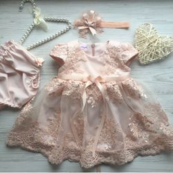 peach color lace dress with headband and panties for baby girl. first birthday dress. baptism outfit for baby girl.