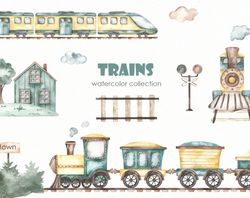 train. watercolor clipart for kids. children's railway transport. baby shower, nursery. electric train, railway signs